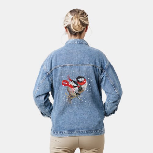 Cute Cuddling Chickadees Love Couple  Denim Jacket