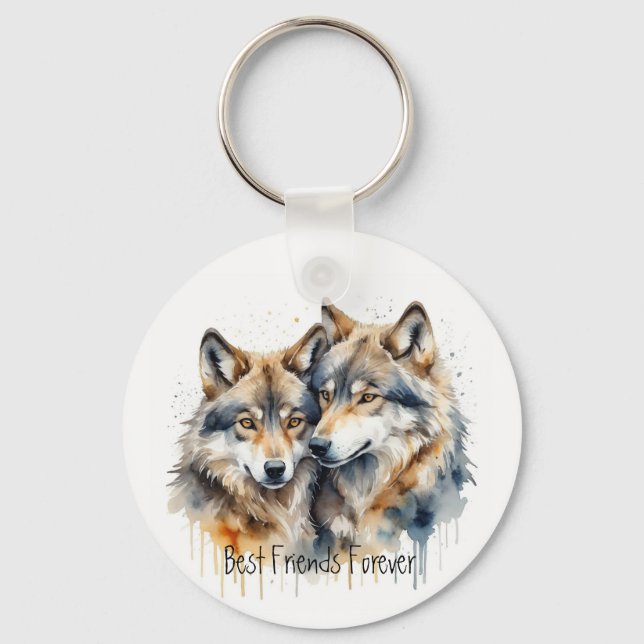 Cute Cuddling Wolves Best Friends Forever, BFF, Keychain (Front)