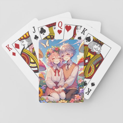 Cute Cuddly Anime Couple Playing Cards