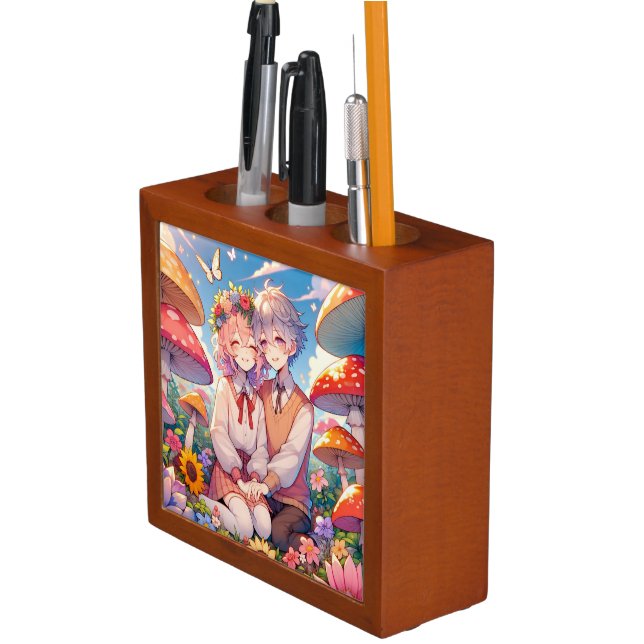 Cute Cuddly Anime Couple Whimsical Romantic Desk Organizer (In Situ)