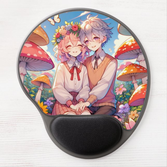 Cute Cuddly Anime Couple Whimsical Romantic Gel Mouse Pad (Front)