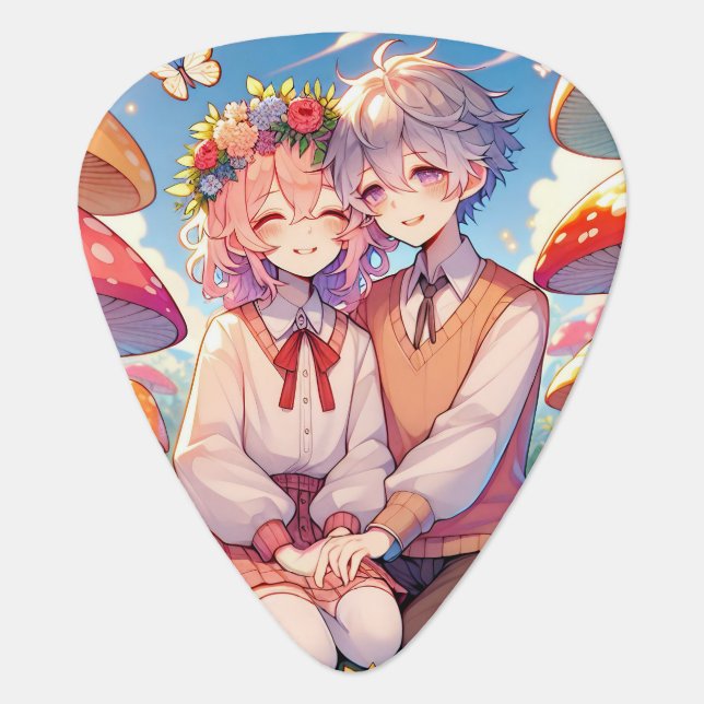 Cute Cuddly Anime Couple Whimsical Romantic Guitar Pick (Front)