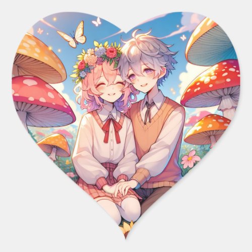 Cute Cuddly Anime Couple Whimsical Romantic Heart Sticker