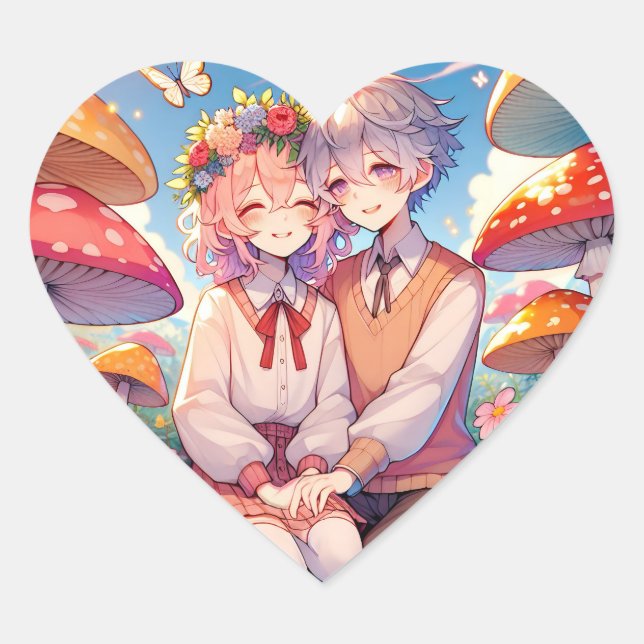 Cute Cuddly Anime Couple Whimsical Romantic Heart Sticker (Front)