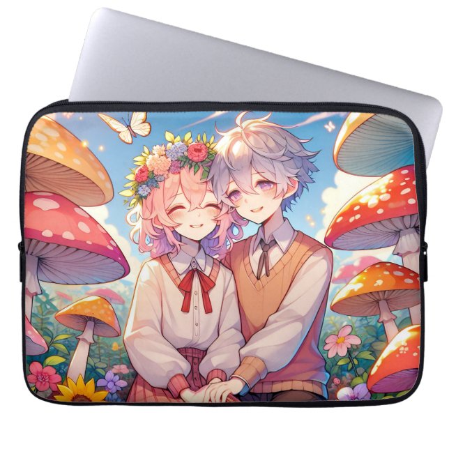Cute Cuddly Anime Couple Whimsical Romantic Laptop Sleeve (Front)