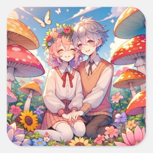 Cute Cuddly Anime Couple Whimsical Romantic Square Sticker