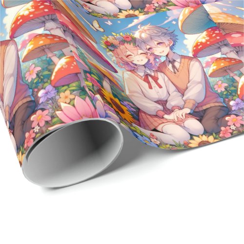 Cute Cuddly Anime Couple Whimsical Romantic Wrapping Paper