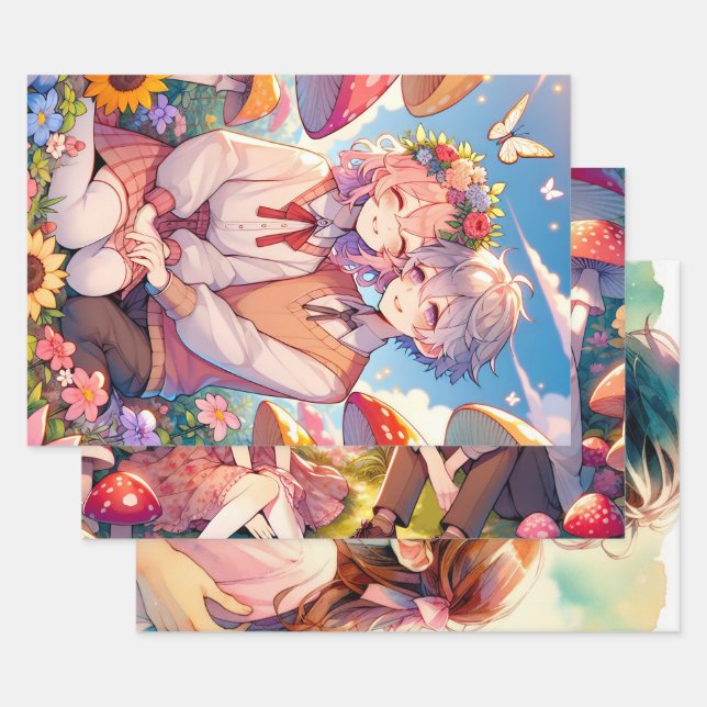 Cute Cuddly Anime Couple Whimsical Romantic Wrapping Paper Sheets (Set)