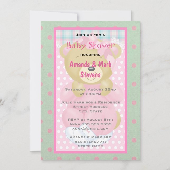 Cute Cuddly Bear Dressed in Pink Baby Shower Invitation (Front)