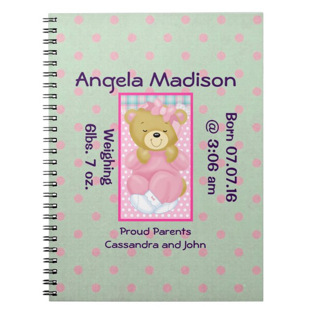 Cute Cuddly Bear Dressed in Pink New Baby Diary Notebook (Front)