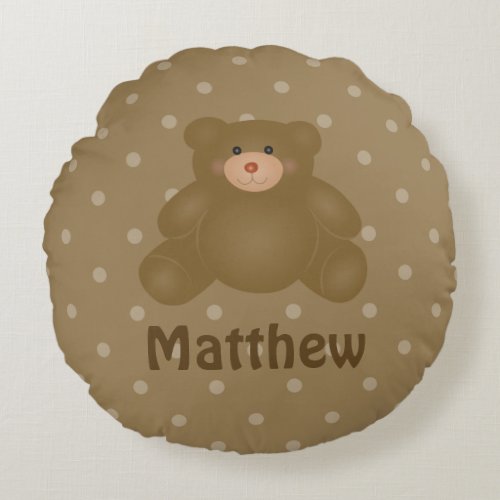 Cute Cuddly Brown Baby Teddy Bear And Polka Dots Round Pillow