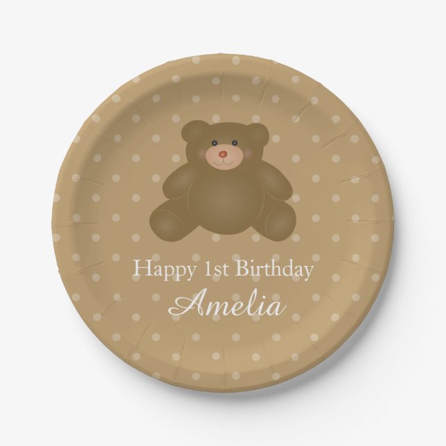 Cute Cuddly Brown Baby Teddy Bear Birthday Party Paper Plates (Front)