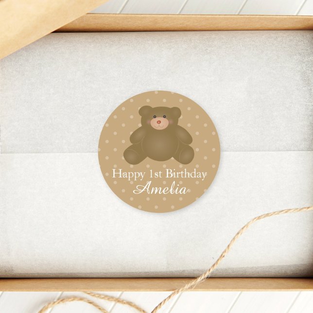 Cute Cuddly Brown Baby Teddy Bear First Birthday Classic Round Sticker (Creator Uploaded)