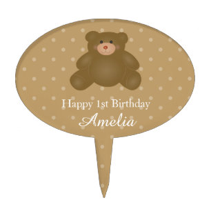 Cute Cuddly Brown Teddy Bear Baby Girl Birthday Cake Topper