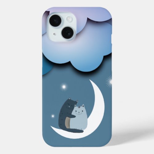 Cute Cuddly Cats on the Moon iPhone 15 Case