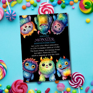 Cute Cuddly Colorful Little Monsters Kids Birthday Invitation