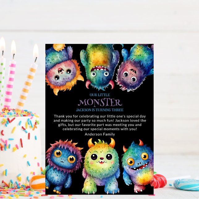 Cute Cuddly Colorful Little Monsters Kids Birthday Thank You Card (Creator Uploaded)