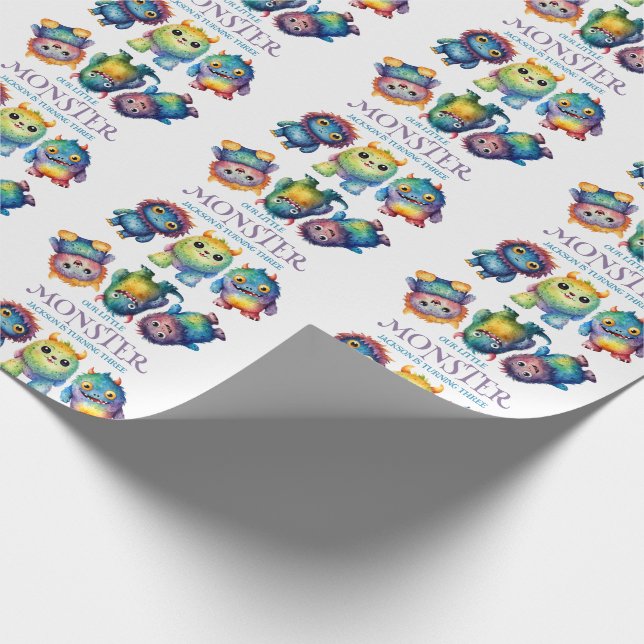 Cute Cuddly Colorful Little Monsters Kids Birthday Wrapping Paper (Corner)