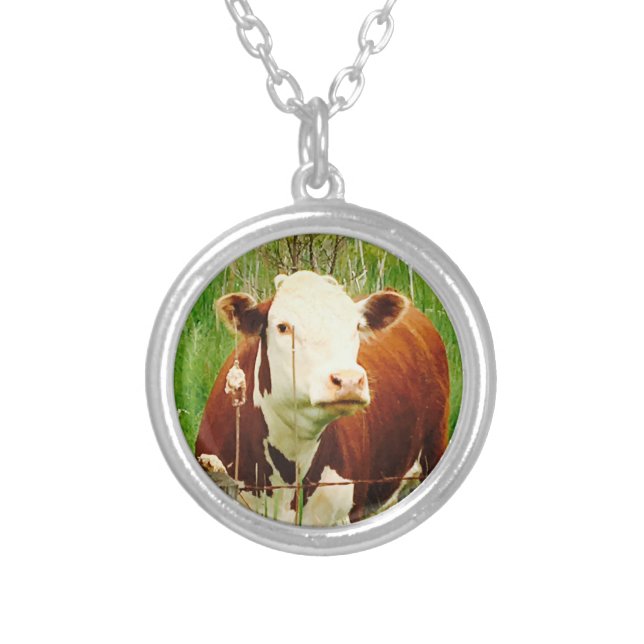 Cute Cuddly Cow Brown Green 4Caryn Silver Plated Necklace (Front)