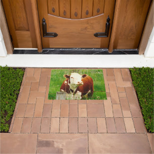 Cute Cuddly Cow Brown Green Grass Door Mat