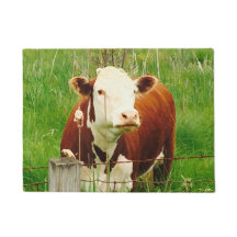 Cute Cuddly Cow Brown Green Grass Door Mat
