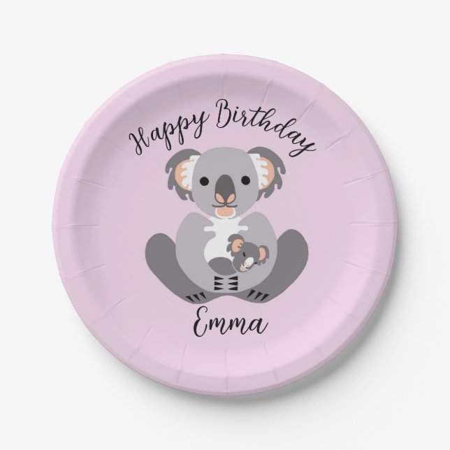 Cute cuddly - KOALA -Happy Birthday - Pink Paper Plates (Front)