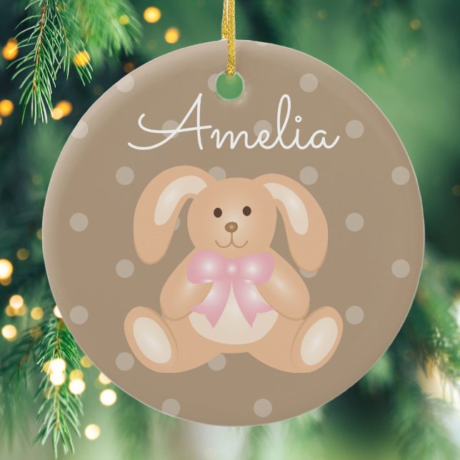 Cute Cuddly Pink Ribbon Bunny Rabbit Add Your Name Ceramic Ornament (Creator Uploaded)