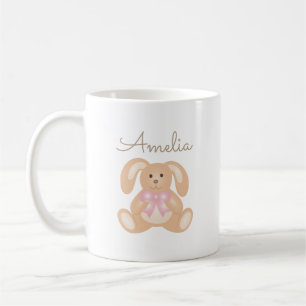 Cute Cuddly Pink Ribbon Bunny Rabbit Add Your Name Coffee Mug