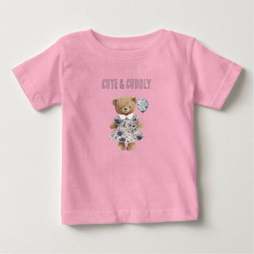 Cute Cuddly Teddy Bear in Blue Floral Dress Baby T-Shirt