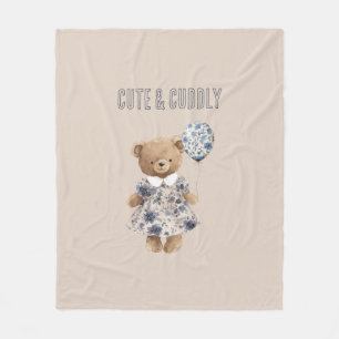 Cute Cuddly Teddy Bear in Blue Floral Dress Fleece Blanket