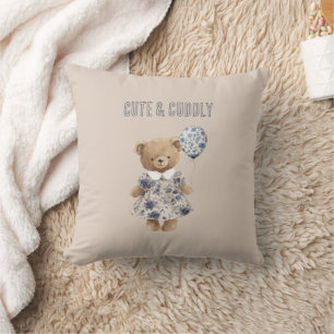 Cute Cuddly Teddy Bear in Blue Floral Dress Throw Pillow