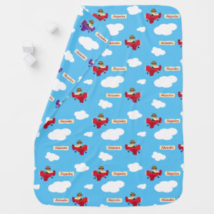 Cute Cuddly Teddy Bear Pilots Custom Name Baby Blanket
