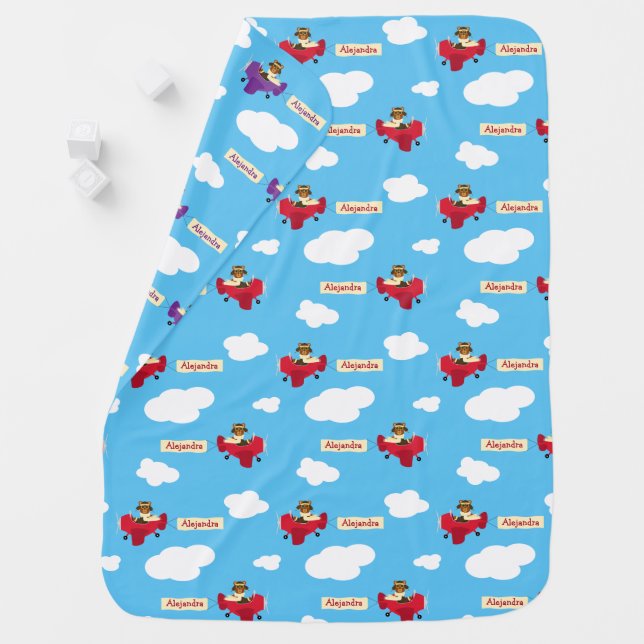 Cute Cuddly Teddy Bear Pilots Custom Name Baby Blanket (In Situ)