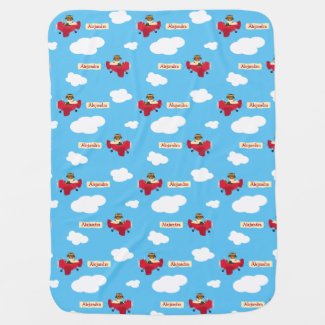 Cute Cuddly Teddy Bear Pilots Custom Name Baby Blanket