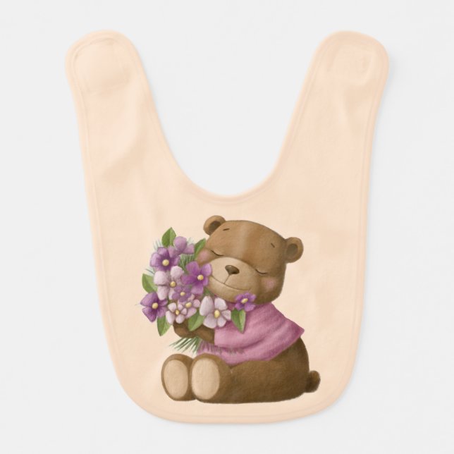 Cute Cuddly Teddy Bear with Flowers Custom Baby Bib (Front)