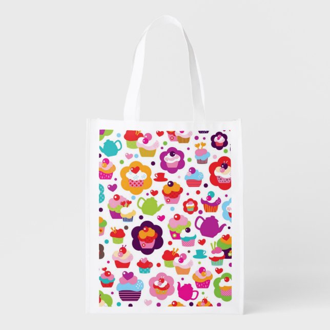 Cute cup cake and tea pot reusable grocery bag (Front)