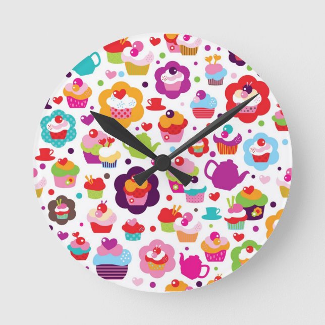Cute cup cake and tea pot round clock (Front)
