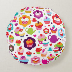 Cute cup cake and tea pot round pillow