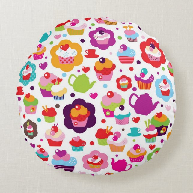 Cute cup cake and tea pot round pillow (Front)