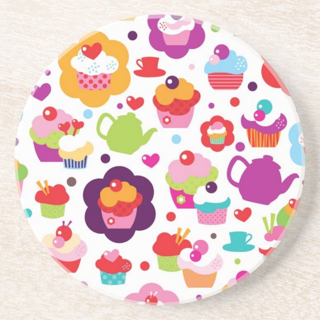 Cute cup cake and tea pot sandstone coaster (Front)