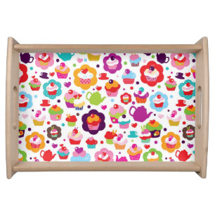 Cute cup cake and tea pot serving tray