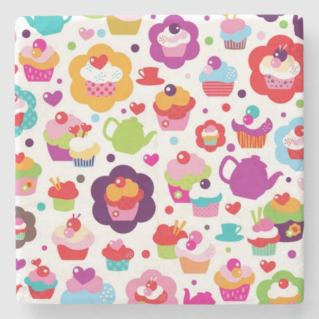 Cute cup cake and tea pot stone coaster (Front)