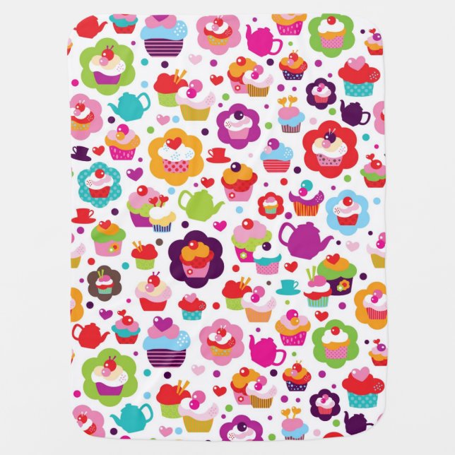 Cute cup cake and tea pot stroller blanket (Front)