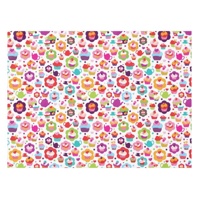 Cute cup cake and tea pot tablecloth (Front (Horizontal))