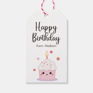 Cute Cupcake And Bright Candle Happy Birthday Gift Tags
