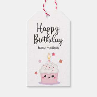 Cute Cupcake And Bright Candle Happy Birthday  Gift Tags