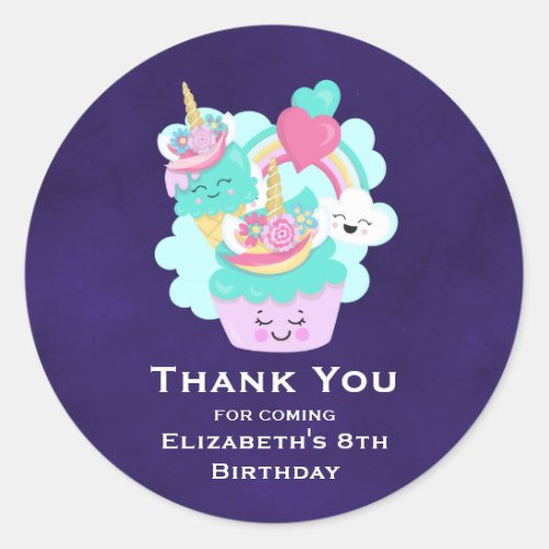 Cute Cupcake and Happy Ice Cream Birthday Classic Round Sticker