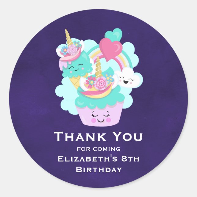 Cute Cupcake and Happy Ice Cream Birthday Classic Round Sticker (Front)