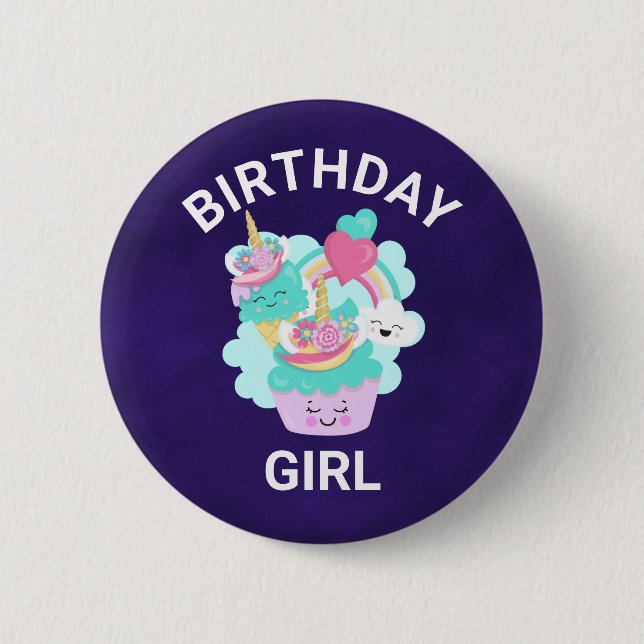 Cute Cupcake and Happy Ice Cream Birthday Girl Button (Front)