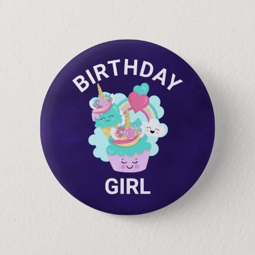Cute Cupcake and Happy Ice Cream Birthday Girl Button